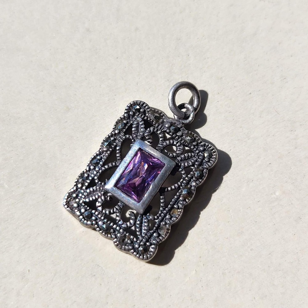 Vintage Art Deco Style 925 Sterling Silver Amethyst & Marcasite Pendant